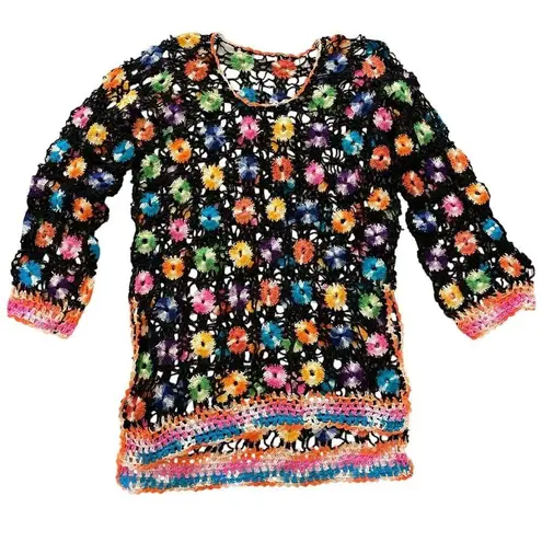 Handmade Black Crochet Multicolor Flower Tunic Swim Cover Top Small