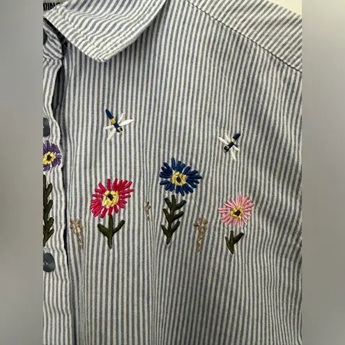 Cabin creek  Striped Button Down Shirt | Floral Embroidery | 100% Cotton | XL