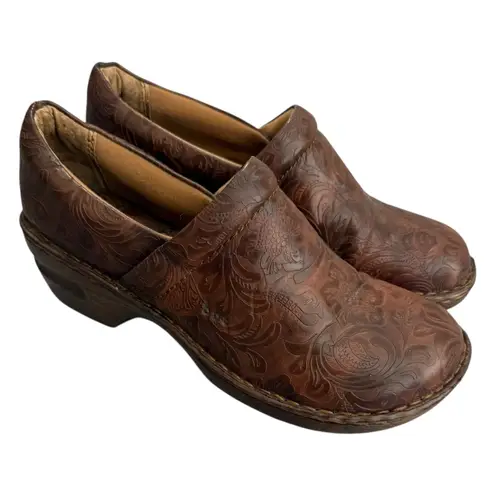 BOC Born Embossed Faux Leather Clog Shoes Women Size 9.5 Brown Slip On Comfort
