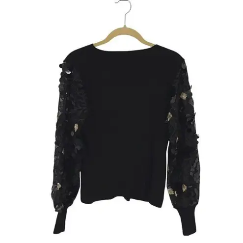 Sioni Milano Black Illusion Sheer Floral Embellished Sleeve Sweater Size Small