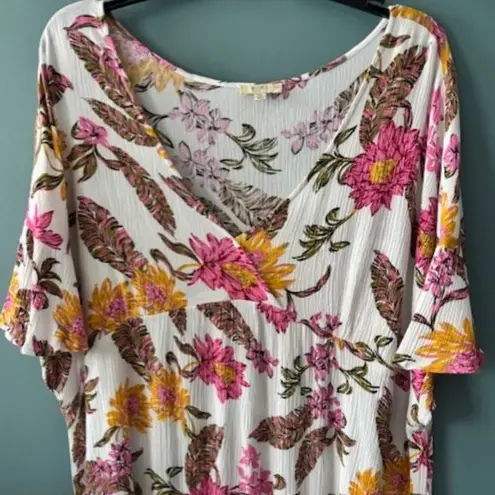 Kori Pink Gold Floral V Neck Flutter Sleeve Tunic Blouse Top Size XL