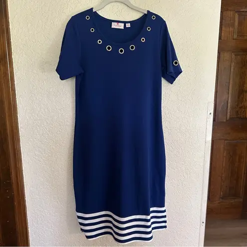 Quacker Factory Blue White Size XS Short Sleeve Striped Hem Knit Dress Grommets