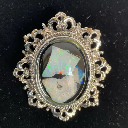 Vintage Baroque Opal Style Glass Brooch Pendant Gold Ornate Frame Pin Victorian Silver