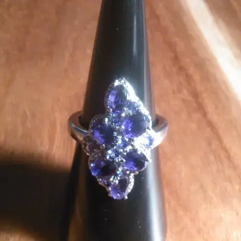 African Amethyst and Simulated Purple Diamond Stainless Steel Ring (Size 6)