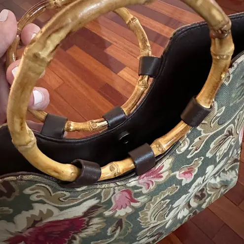 Longaberger Sisters Green Floral Bag Purse Snap Close Bamboo Handle Fall 10x11