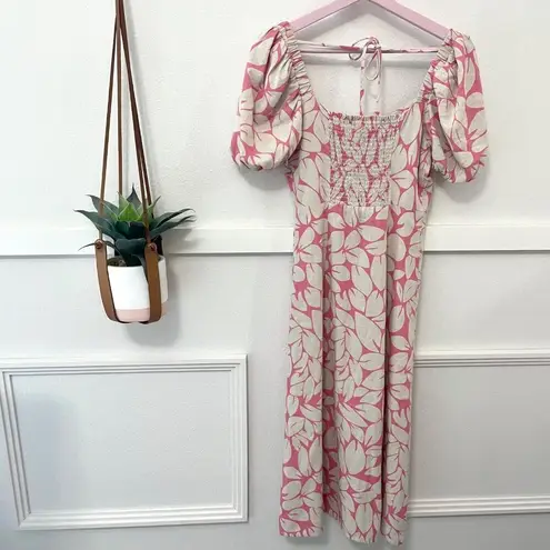 Emerson Fry Pink Tan Floral Puff Sleeve Midi Dress Size XS