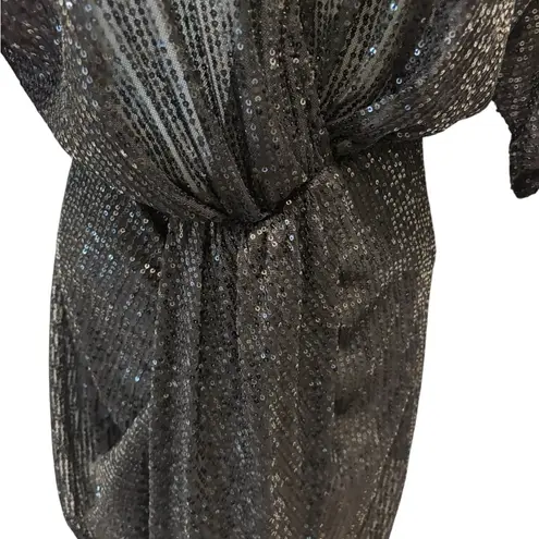 Baltic Born Sequin Deep Plunge Ruched Midi Dress Sz S Black Sparkle High Slit