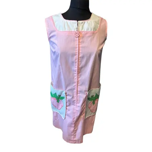 Vintage Pink Apron Dress With Strawberry Pockets & Zipper Closure sm Pink Size undefined