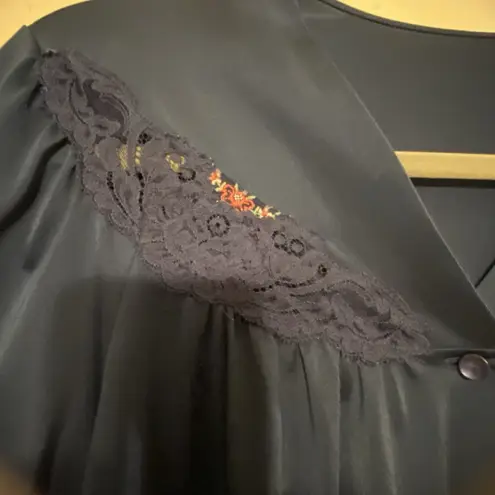 Shadowline Robe Navy Peignoir Lingerie Nylon Lace Large Pink Roses Button Front Blue Size M