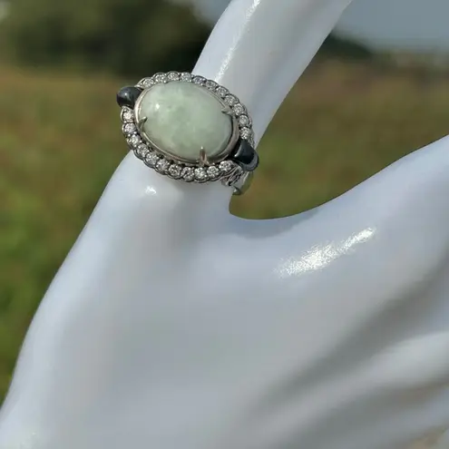 Sterling Silver Celadon Jade & Black Onyx CZ Filigree Ring