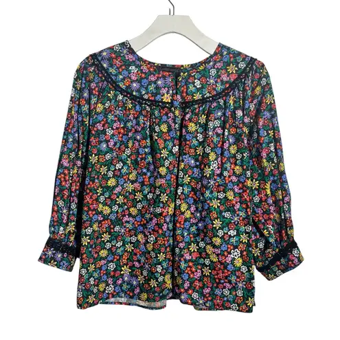 Johnny Was Top Women S Black Risa Poplin Floral Blouse Cottage Peasant Modest