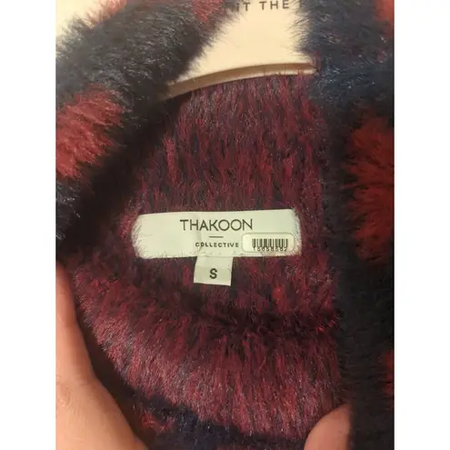 RTR Thakoon Navy Red Printed Fuzzy Mock Neck Pullover Sweater Sz Small soft Blue