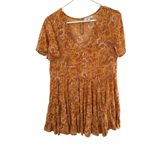 Patrons of Peace Orange Paisley V Neck Floral Pattern Knee Length Dress Womens S