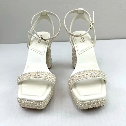 ALDO Lulu White Block Heel Ankle Strap Pearl Embellished Platform Sandals Size 7