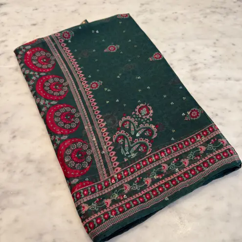 Designer Scarf Emerald Green Dupta Style Floral Sequins Embellished 35x84