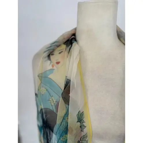 Silk Blend Scarf Asian Geisha Floral Print 66 x 19 Rectangle Art Wall Decor Blue