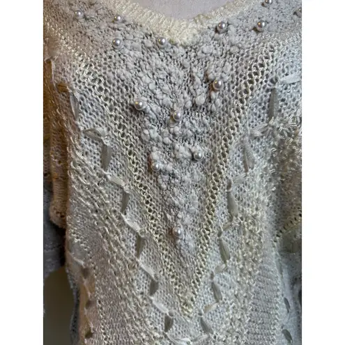 Beldoch Popper Cream Pearl Embellished V Batwing Sweater boho cottage dainty S White