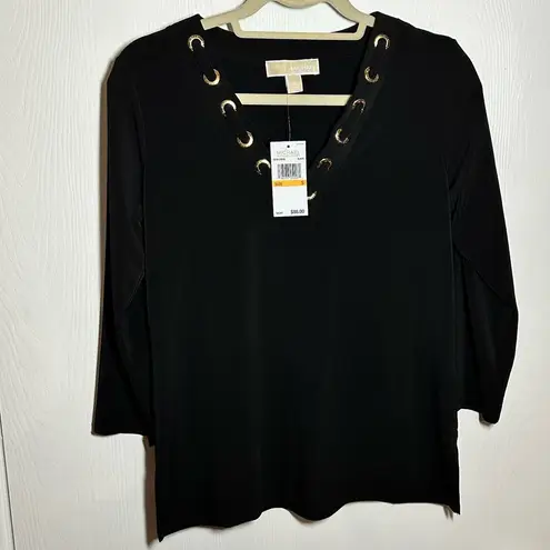 Michael by Michael Kors Sm Black 3/4 Sleeve Top w/Laced Silver Grommets