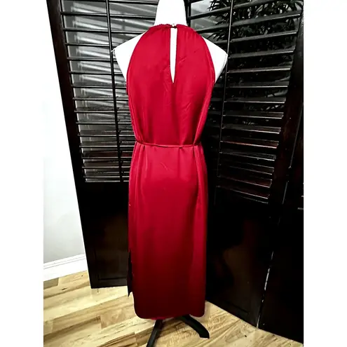 INC  Women's Red Satin Crape Halter Belted Midi Dress Side Slit 4 NWT