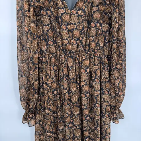 Moon River Tiered Ruffle Maxi Dress Womens Medium Fall Brown Black Metallic Gold