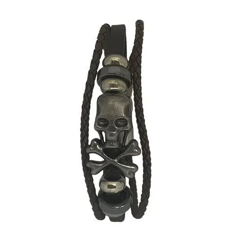 Steeltime ☠︎︎ Skull Crossbones Braid Multi Wrap Leather ☠︎︎ Black Brown ☠︎︎