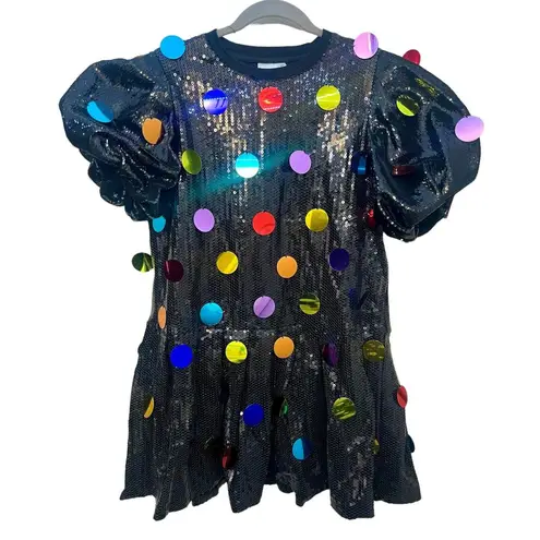 Queen of Sparkles black sequin puff sleeve rainbow paillette dress Size M