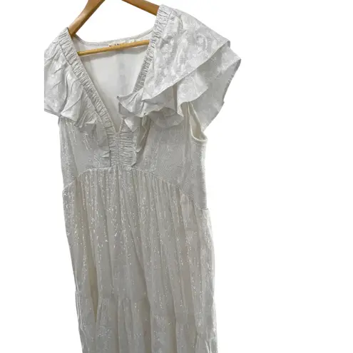 Roller Rabbit Lurex Ondine V-Neck Cap Ruffle Sleeve A-Line Midi Dress Length