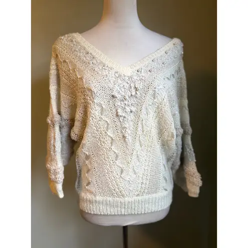 Beldoch Popper Cream Pearl Embellished V Batwing Sweater boho cottage dainty S White