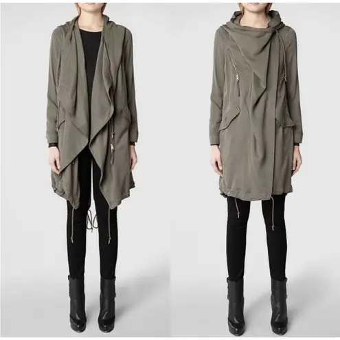 All Saints Portere Draped Hooded Parka in Army Green 4