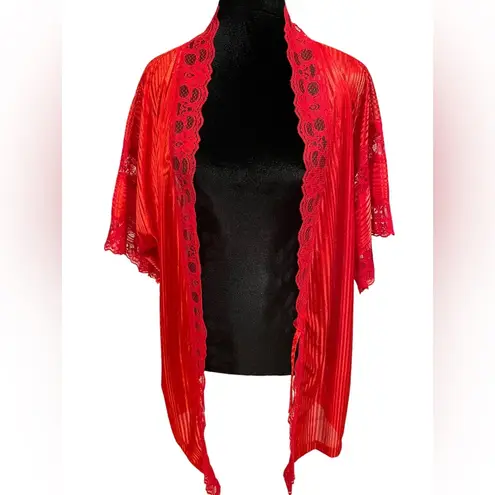 Nite Images Vintage Lipstick Sultry Red Satin Silky Shimmer Striped Lace Robe Size L