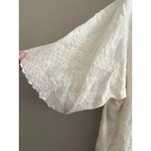 Cactus + Pearl XL Embroidered Kimono Duster Ivory Open Front Cardigan Boho Fairy Size XS