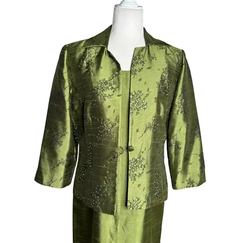 Coldwater Creek Two Piece Green Brocade Dress Jacket Set Petite 10 Green Beaded
