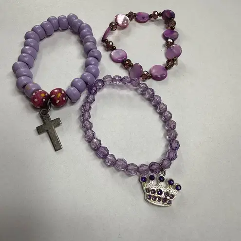 Assorted Stretch Bracelets 3 Piece Shades of Purple Dangle Charms Cross Crown