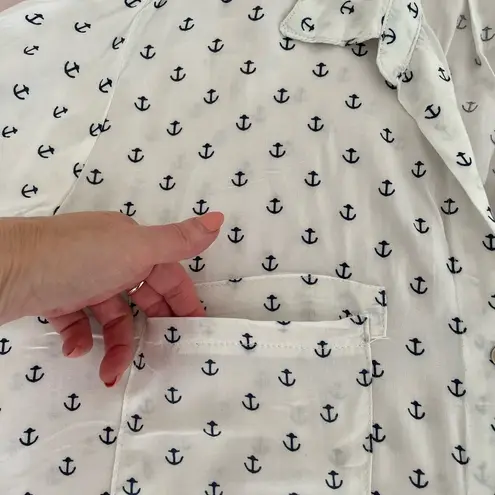 Just living white anchor print button up roll tab sleeve shirt, size L marine