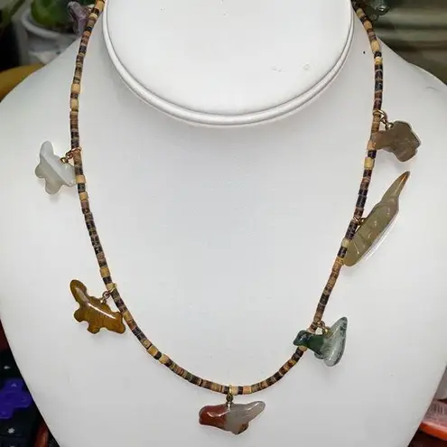 Natural Stone Carved Animal Totem Fetish Heishi Necklace Brown