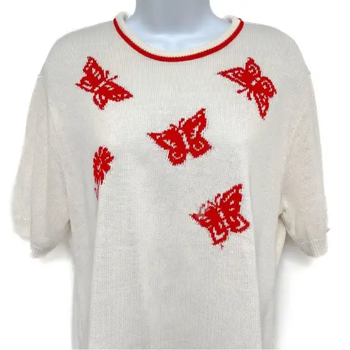 Vintage 80s 90s Butterfly Embroidered Knit Sweater Top Southern Lady Oversized Red Size L