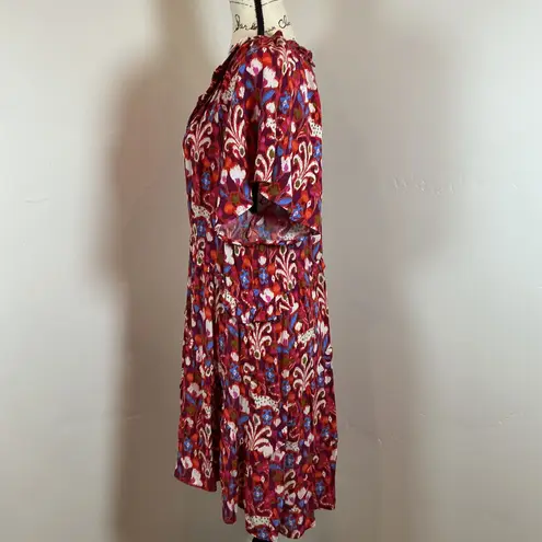 By Anthropologie Dress Medium Floral Print Ruffle V Neck Short Sleeve Tiered Red