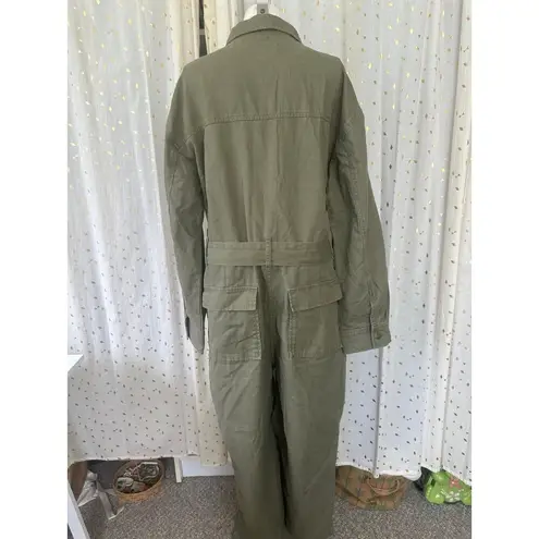 Oat New York 100% Cotton Twill Self Tie Belt Cargo Pockets Utility Jumpsuit L Green Size L