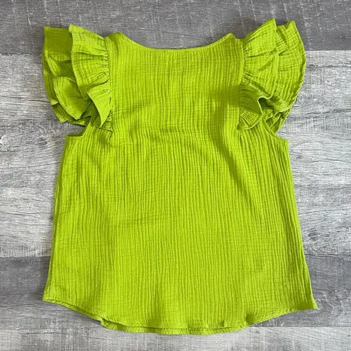 Boutique Ces Femme Ruffle Sleeve Cotton Gauze Top Womens M Bright Lime Muslin Green Size M