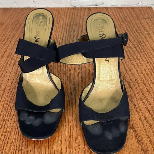 Saint Laurent Yves  Vintage Strappy Heels Open Toe Navy w/gold wedge heel Sz 9M