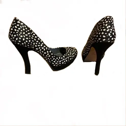 MRKT BROWN, BLACK & WHITE DOTTED CALF HAIR PUMPS (8.5)