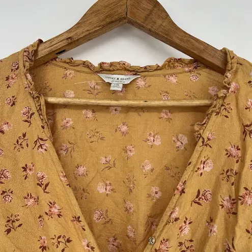 Lucky Brand  Blouse Gold Ditsy Floral Pattern Faux Wrap 3/4 Sleeve Boho Top Large