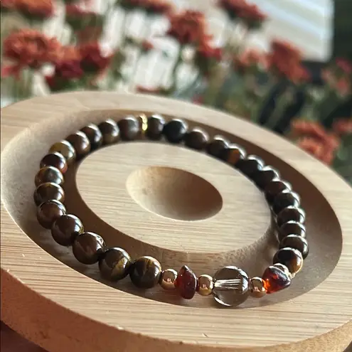 Handmade Tigers Eye + Smoky Quartz + Red Tourmaline Beaded Bracelet *