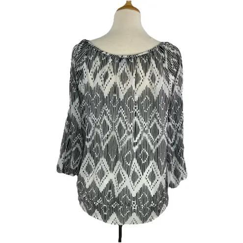 AB Studio Size XL Black and White Cold Shoulder Blouse Sheer with Built In Cami