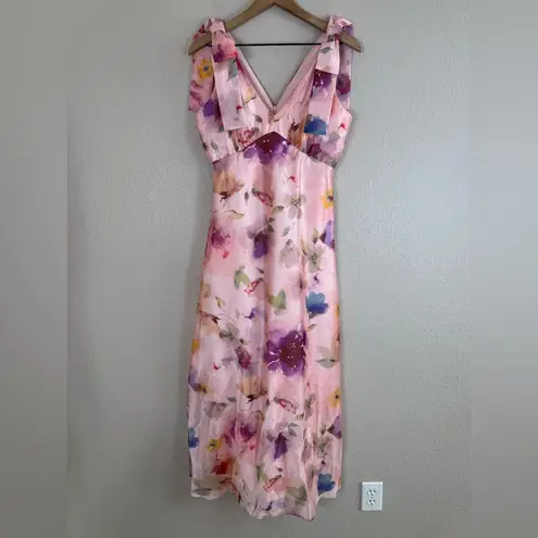 Maison Tara V Neck Pink Watercolor Floral Maxi Dress with Bow Straps size 6 $148