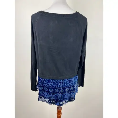 Hale Bob Women Blue Silk Black Knit Top Blue Floral Sheer Beaded Front Size Med