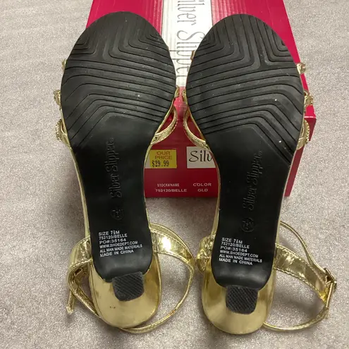 Silver Slipper Belle Gold with Rhinestones 3” High Heels Size 7.5
