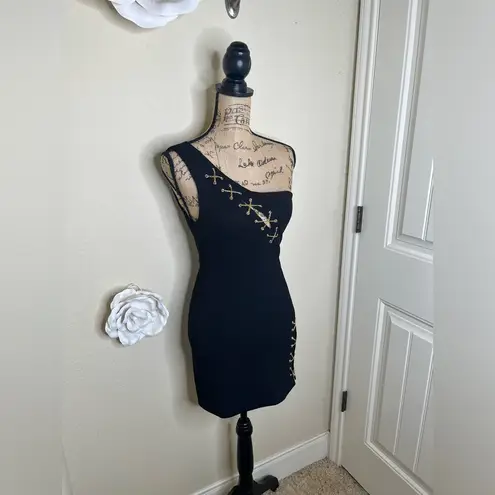 DO+BE NTM: One Shoulder Bodycon Cut Out w/ Metallic Chains Black Mini Dress Sz S