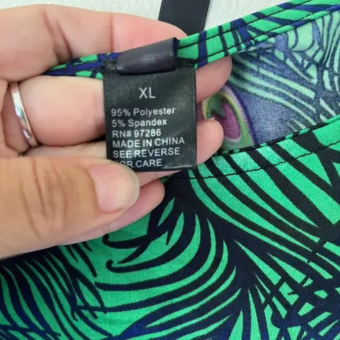 MT COLLECTION Sz XL Stretch Elbow Sleeve Top Blouse Peacock Print Waist Knot Green