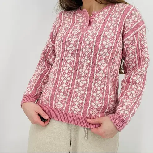 vintage boho cottagecore henley sweater pullover cable knit patterned mauve pink White Size M